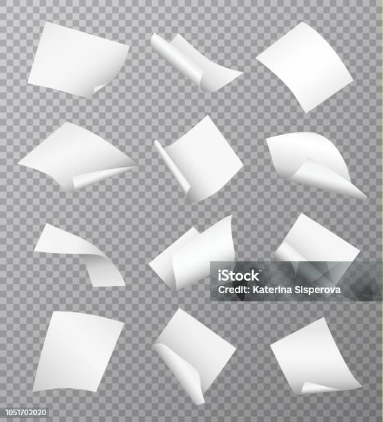 Set Of Vector White Empty Papers Flying Or Falling In Different Positions With Curled And Twisted Edges Isolated On Transparent Background Stock Illustration - Download Image Now