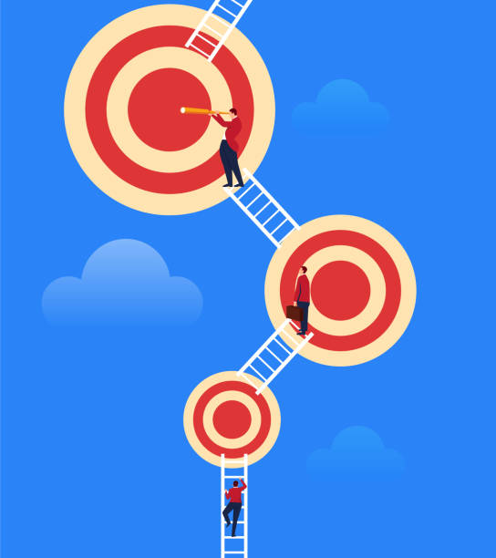 Businessman constantly climbing to bigger targets Businessman constantly climbing to bigger targets pursuit concept stock illustrations