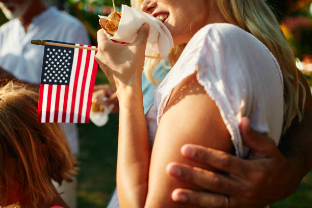 Close-up of patriotic coffee with American flag on wooden table