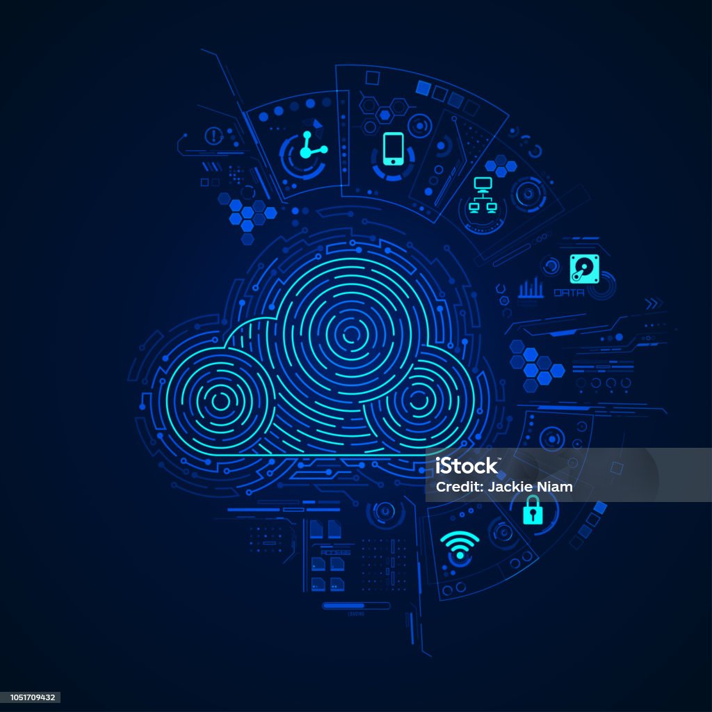 cloud computing concept of cloud computing or big data, shape of cloud in futuristic style with digital technology interface Cloud Computing stock vector