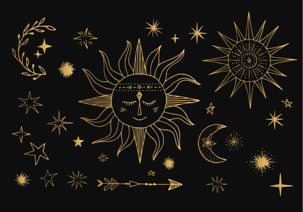 Vector sun, moon, comet, zodiac sign. Golden sky illustration. Tattoo design. Vector sun, moon, comet, zodiac sign. Golden sky illustration. Tattoo design. moon borders stock illustrations