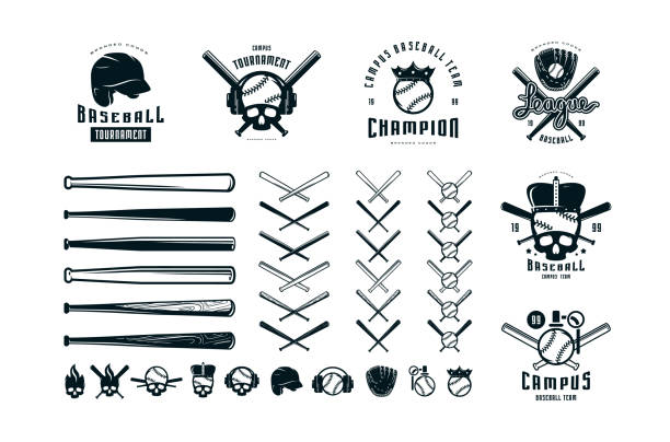 illustrations, cliparts, dessins animés et icônes de emblèmes et insignes ensemble de l’équipe de baseball de campus - batte