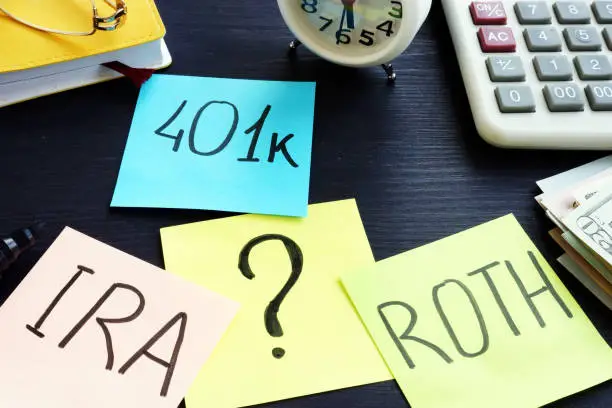 Photo of 401k ira roth on pieces of paper. Retirement planning.