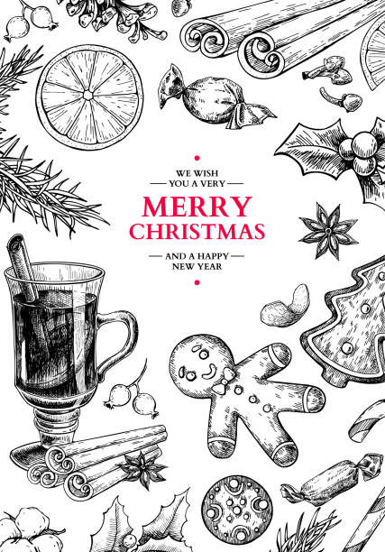 weihnachtsgrußkarte urlaub. vektor hand gezeichneten illustrationen mit stechpalme, mistel, glühwein, tannenzapfen, - glühwein stock-grafiken, -clipart, -cartoons und -symbole