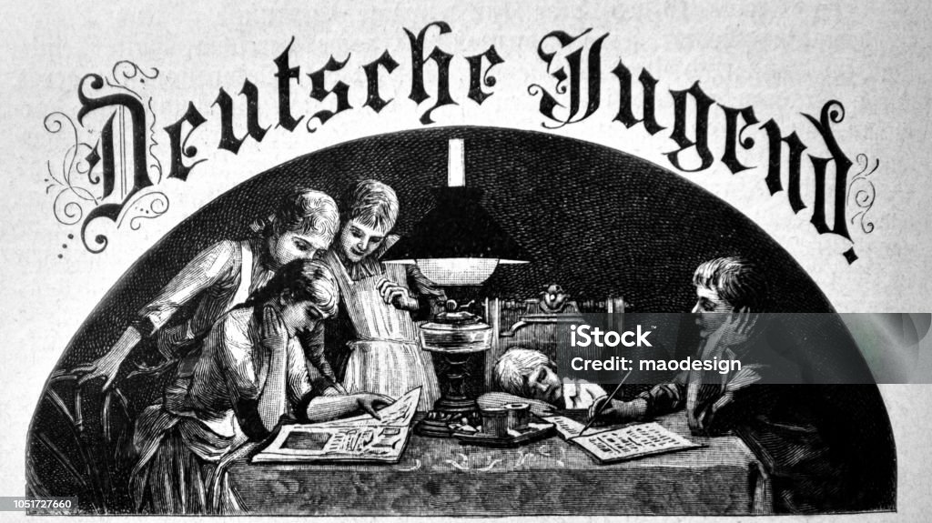 Children learn and read books an oil lamp  - 1888 Children learn and read books an oil lamp. Text in German means „German youth“ - 1888 1880-1889 stock illustration