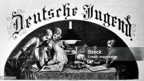 Children Learn And Read Books An Oil Lamp 1888 Stock Illustration - Download Image Now - 1880-1889, 1888, 19th Century