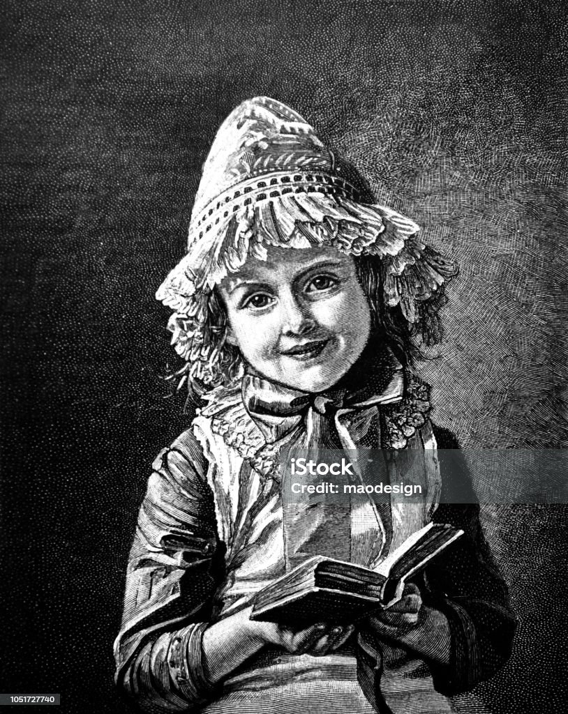 Portrait of a young smiling girl with a book in her hand - 1888 1880-1889 stock illustration