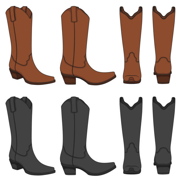 Set of color illustrations with cowboy boots. Isolated vector objects. Set of color illustrations with cowboy boots. Isolated vector objects on white background. country fashion stock illustrations