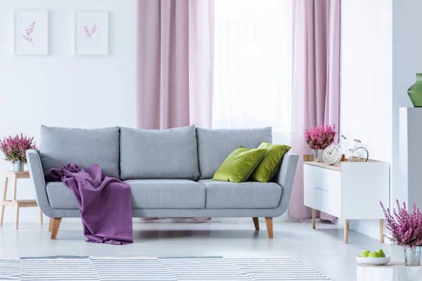 elegant living room with big comfortable grey couch with olive green pillows and violet blanket in the middle of stylish living room with heater in pots and lilac curtainsbike - vehicle interior green sofa indoors imagens e fotografias de stock