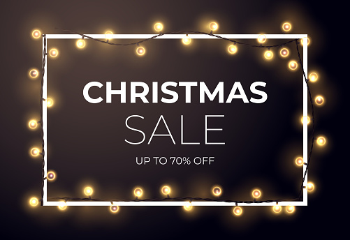 Dark Christmas sale design with glowing golden stars and light bulb garlands. Vector illustration.