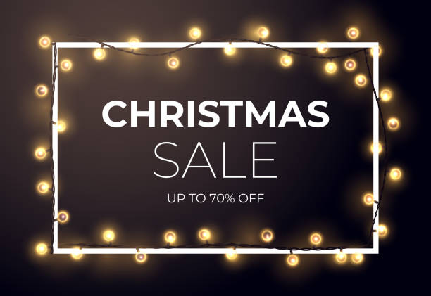 Dark Christmas sale design with glowing golden stars and light bulb garlands. Vector illustration. Dark Christmas sale design with glowing golden stars and light bulb garlands. Vector illustration. holiday email templates stock illustrations