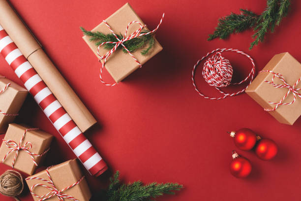 Christmas background with gifts and decorations.