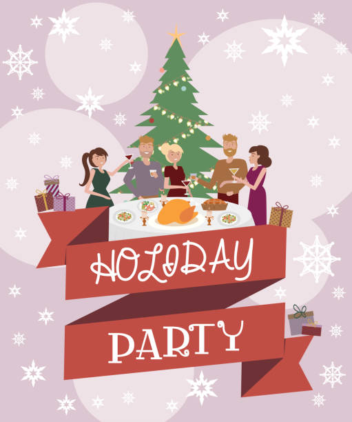 ilustrações de stock, clip art, desenhos animados e ícones de holiday party poster with people sitting at table laughing, eating food, drinking wine and talking to each other. christmas dinner with family - dinner friends christmas