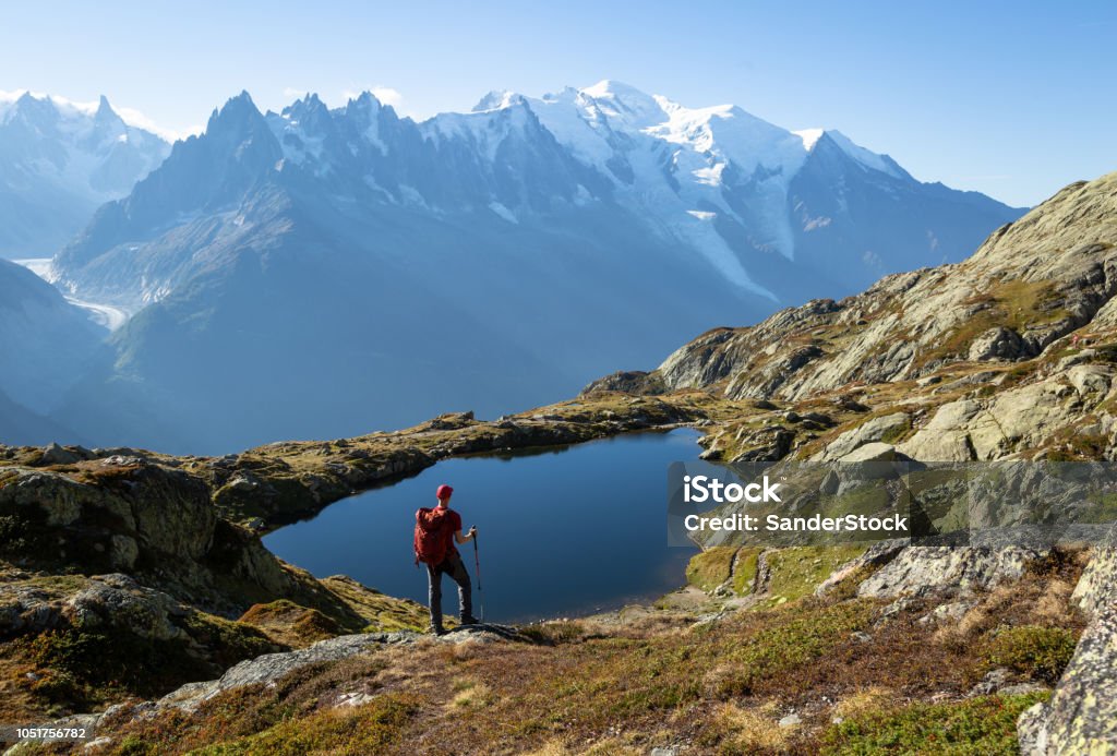 Lac des Cheserys Hiker looking at Lac des Cheserys on the famour Tour du Mont Blanc near Chamonix, France. Hiking Stock Photo