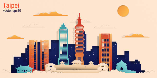 ilustrações, clipart, desenhos animados e ícones de taipei cidade colorido papel cortado estilo, estoque ilustração vetorial - taipei built structure taiwan urban scene