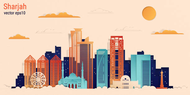 Sharjah city colorful paper cut style, vector stock illustration Sharjah city colorful paper cut style, vector stock illustration. Cityscape with all famous buildings. Skyline Sharjah city composition for design emirate of sharjah stock illustrations