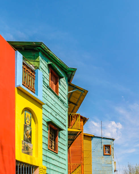 Traditional Houses, La Boca, Argentina Exterior view of traditional rustic colored old architecture at famous la boca neighborhood, Buenos Aires la boca stock pictures, royalty-free photos & images