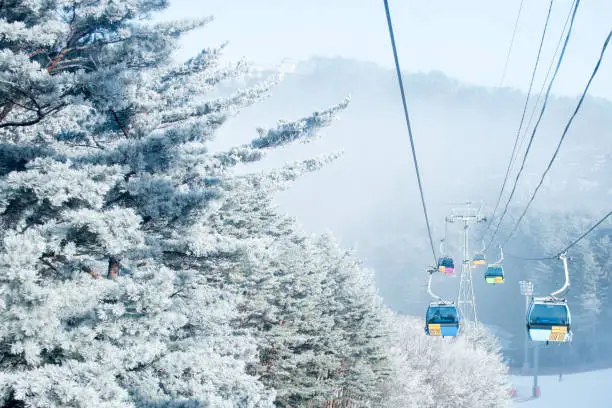 Winter mountains, ski resorts, and gondola in Korea