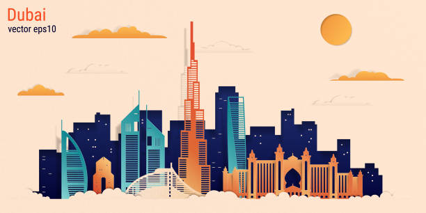 두바이 시 다채로운 종이 컷 스타일, 벡터 재고 일러스트 레이 션 - dubai skyline panoramic united arab emirates stock illustrations