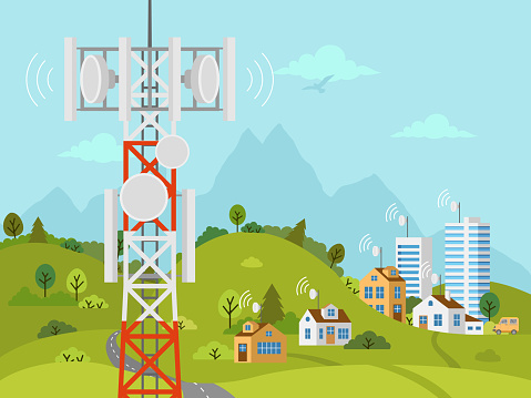 Cellular transmission tower in front of landscape. Wireless radio signal connection with houses and buildings through obstacles. Mobile communications tower with satellite communication antennas.