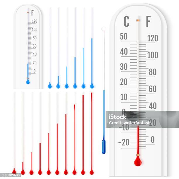 Vector Set Of Realistic Liquid Thermometers With Celsius And