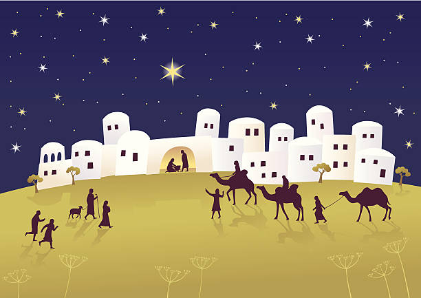 Birth of Messiah Biblical scene - birth of Jesus in Bethlehem. christmas three wise men camel christianity stock illustrations