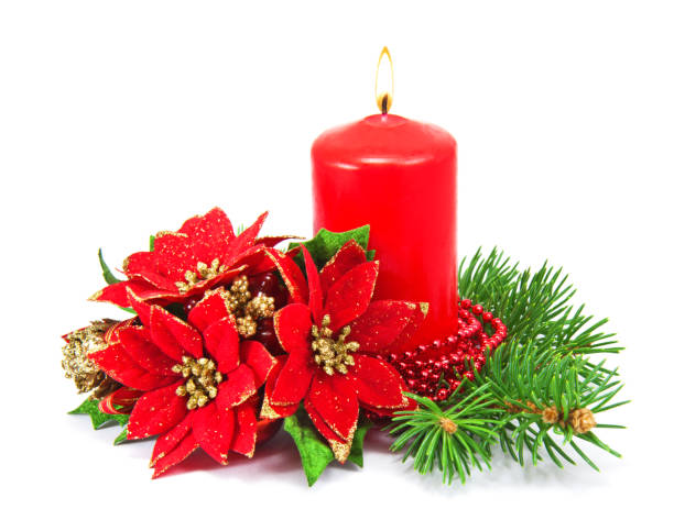 ozdoba świąteczna ze świecami i poinsettia - candle candlelight red burning zdjęcia i obrazy z banku zdjęć