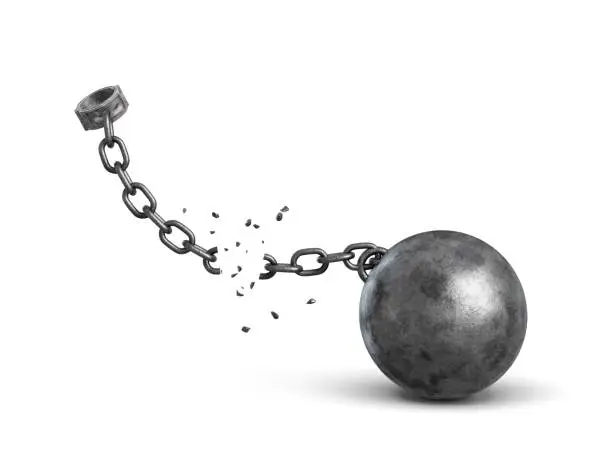 3d rendering of a metal shackle and an iron ball disconnected because of a broken chain. Caught and freed. Removing all burdens. Free to go.