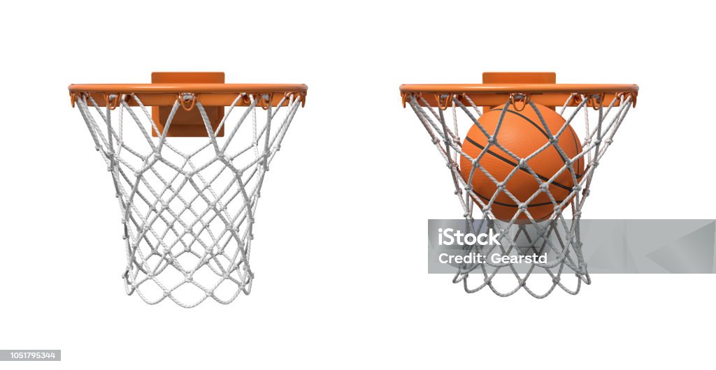 3d rendering of two basketball nets with orange hoops, one empty and one with a ball falling inside. 3d rendering of two basketball nets with orange hoops, one empty and one with a ball falling inside. Basketball score. Ball game. Empty and full hoop. Basketball Hoop Stock Photo