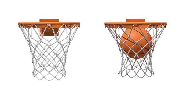3d rendering of two basketball nets with orange hoops, one empty and one with a ball falling inside. stock photo