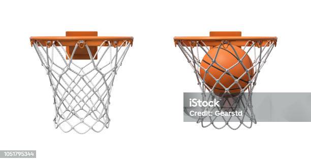 3d Rendering Of Two Basketball Nets With Orange Hoops One Empty And One With A Ball Falling Inside Stock Photo - Download Image Now