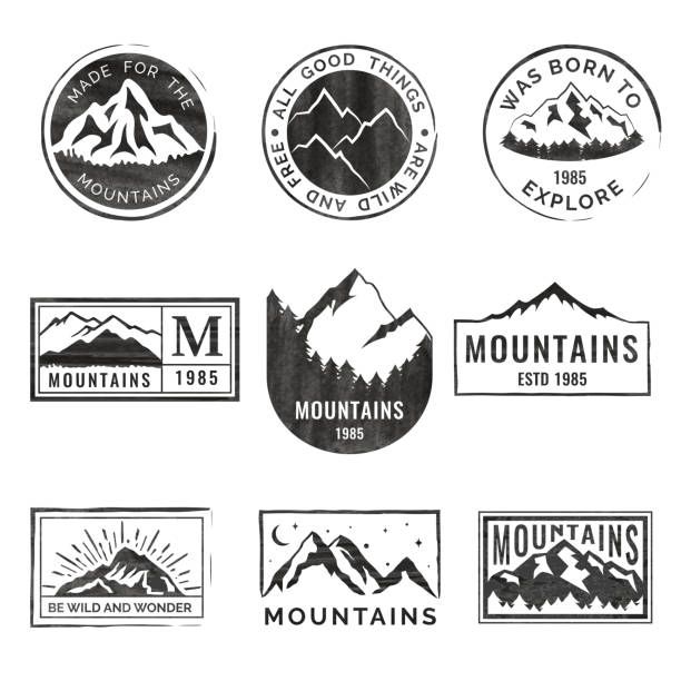 Photo of Set of nine mountain travel emblems with grunge texture. Camping outdoor adventure emblems, badges and  patches. Mountain tourism, hiking. Forest camp labels in vintage style