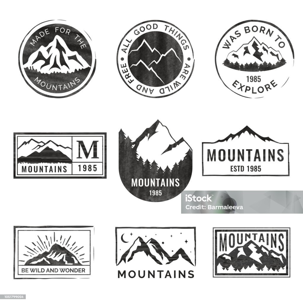 Set of nine mountain travel emblems with grunge texture. Camping outdoor adventure emblems, badges and  patches. Mountain tourism, hiking. Forest camp labels in vintage style Set of nine mountain travel emblems with grunge texture. Camping outdoor adventure vector emblems, badges and  patches. Mountain tourism, hiking. Forest camp labels in vintage style Mountain stock vector