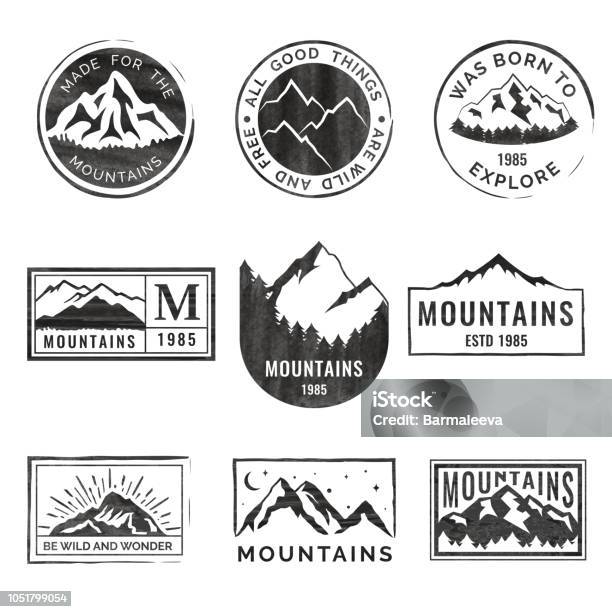 Set Of Nine Mountain Travel Emblems With Grunge Texture Camping Outdoor Adventure Emblems Badges And Patches Mountain Tourism Hiking Forest Camp Labels In Vintage Style Stock Illustration - Download Image Now