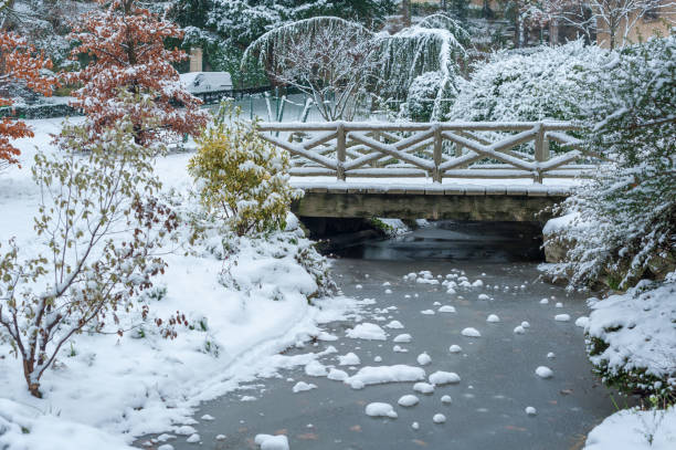 istock Frozen stream and little bridge under the snow in winter 1051799718