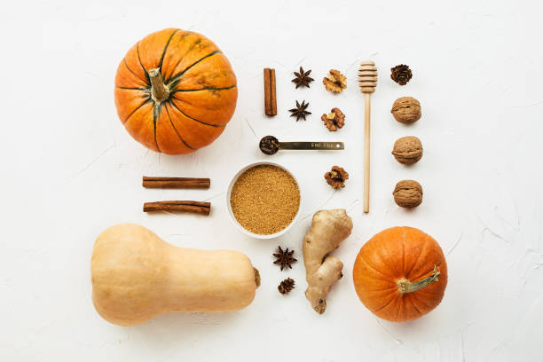 istock Flat lay with various pumpkins, cinnamon stick and  cane sugar knolled together on white cement background 1051800756