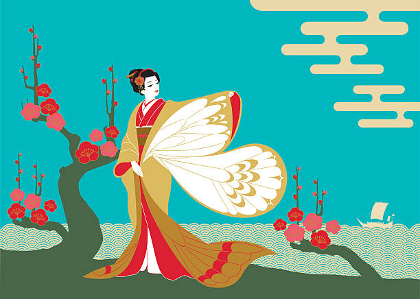 ilustraciones, imágenes clip art, dibujos animados e iconos de stock de mujer usando kimono "". - sky only illustrations