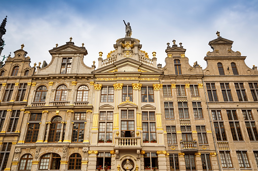 The guildhalls in The Grand Place (Grote Markt), the central square of Brussels. Details of the houses Joseph et Anne, L'Ange, La Chaloupe d'or, Le Pigeon, Le Marchand d'or.