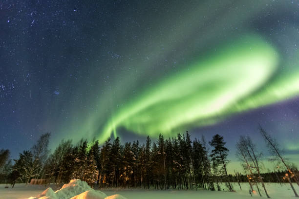 istock Northern Lights over snow-covered forest, Sweden 1051866332