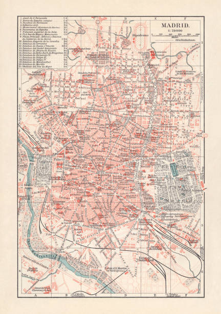 ilustraciones, imágenes clip art, dibujos animados e iconos de stock de mapa de la ciudad de madrid, la capital de españa, litografia, 1897 publicado - madrid