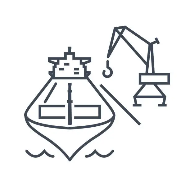 Vector illustration of thin line icon loading and unloading cargo ship, harbor crane