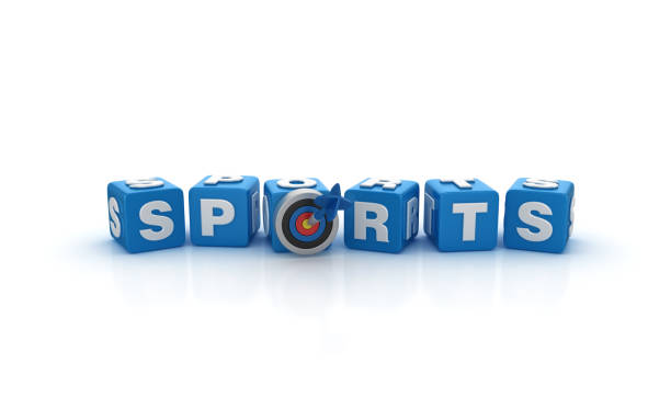 SPORTS Buzzword Cubes with Target and Dart - White Background - 3D Rendering