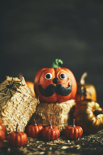 istock Pumpkin gentleman character with handmade features and monocle on straw bales 1051914096