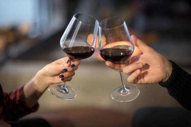Hands toasting wine glasses in front of lit fireplace