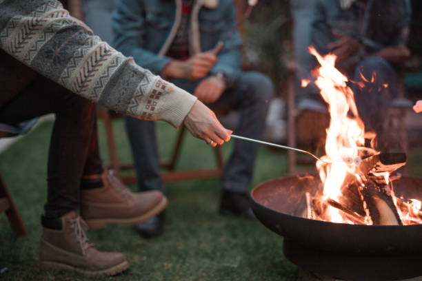 Friends roasting marshmallows on fire pit Friends roasting marshmallows on fire pit fire pit photos stock pictures, royalty-free photos & images