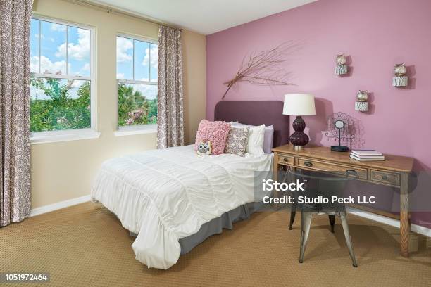 A Pink And Tan Little Kids Bedroom With An Owl Theme Stock Photo - Download Image Now