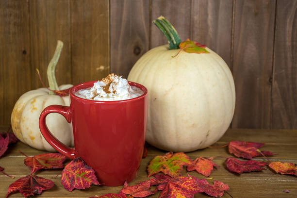 istock hot chocolate drink in white pumpkins and fall leaves 1051984446