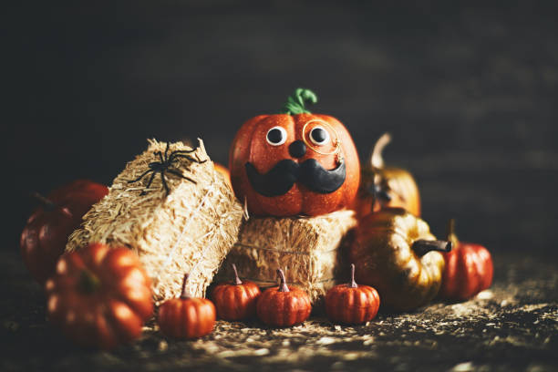 istock Pumpkin gentleman character with handmade features and monocle on straw bales 1052006252