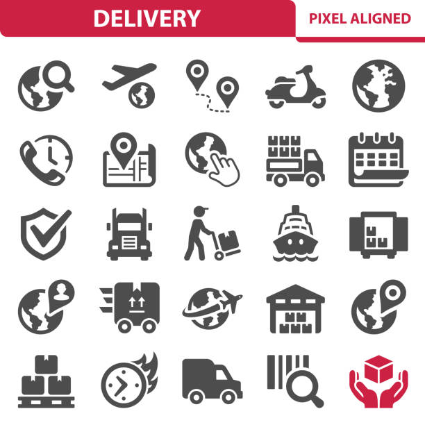 illustrazioni stock, clip art, cartoni animati e icone di tendenza di icone di recapito - delivery van distribution warehouse vector shipping