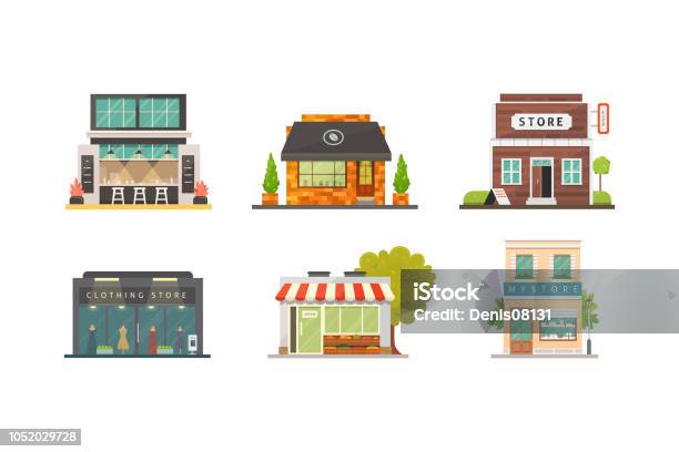 Shop Store Buildings Vector Illustrations Set Market Exterior Restaurant And Cafe Vegetable Store Pharmacy Boutique Urban Front Houses Stock Illustration - Download Image Now